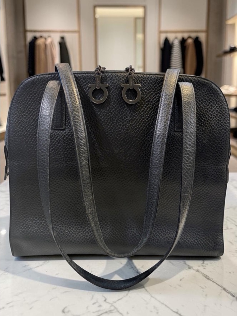 Salvatore Ferragamo Black Pebbled Leather Gancini Shoulder Bag Authentic COA